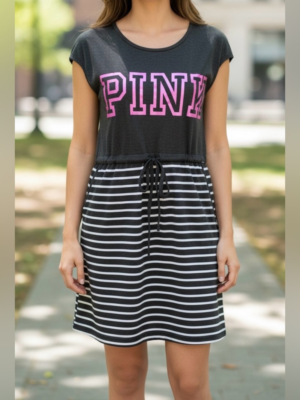 Pink Logo Casual Dress Size M Gray Striped Tie Waist Pockets Athleisure
